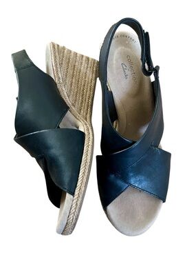 Clarks Collection Lafley Alaine Women's Black Leather Wedge Sandals Size 8